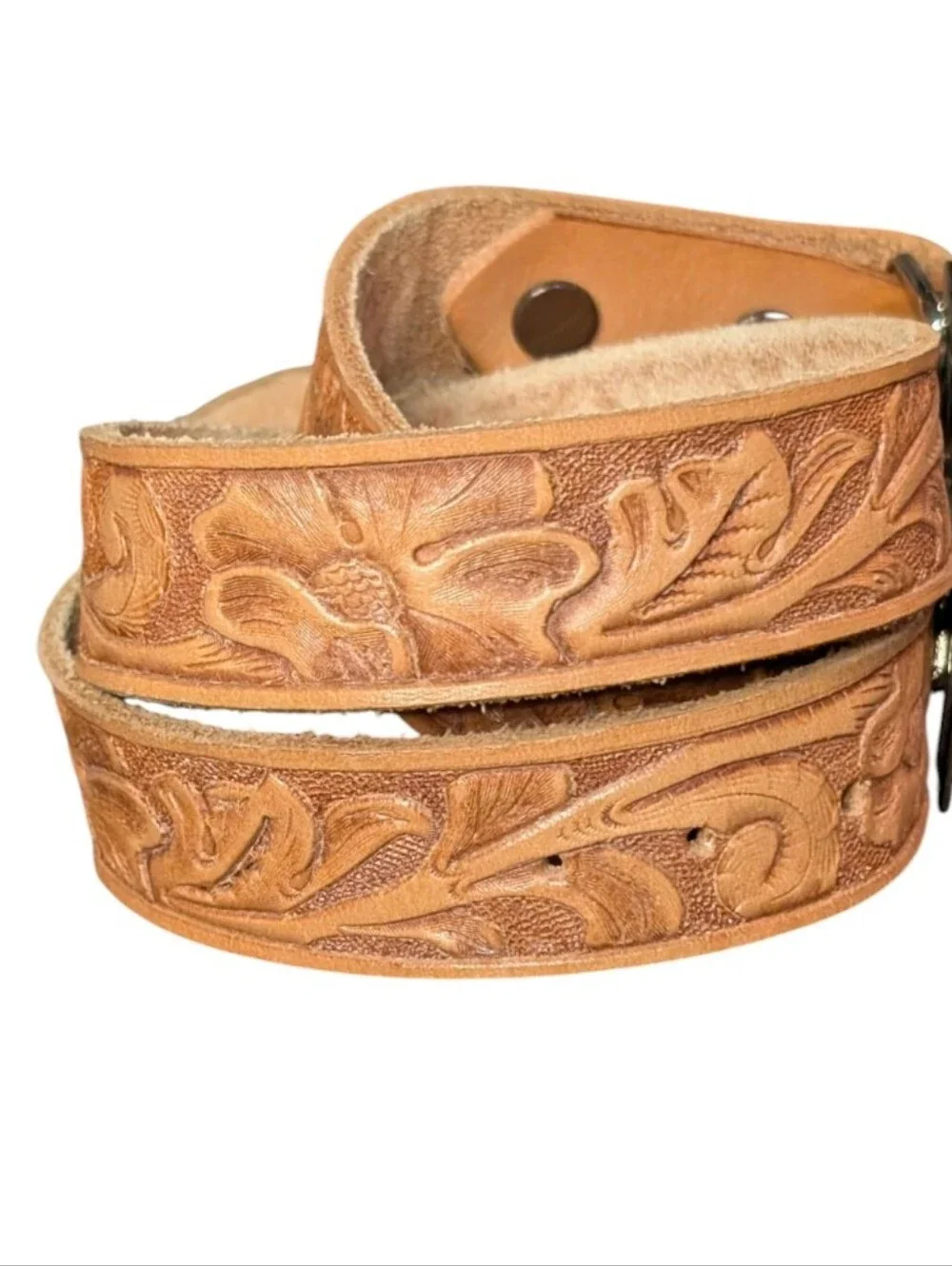 Western tooled Leather belt genuine tan floral pattern Buckle boho cowboy rodeo